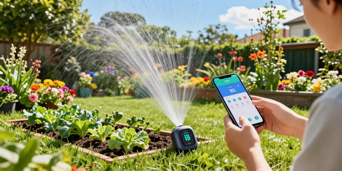 Homeowner adjusting a rainpoint sprinkler timer in a vibrant garden filled with blooming flowers and thriving plants.