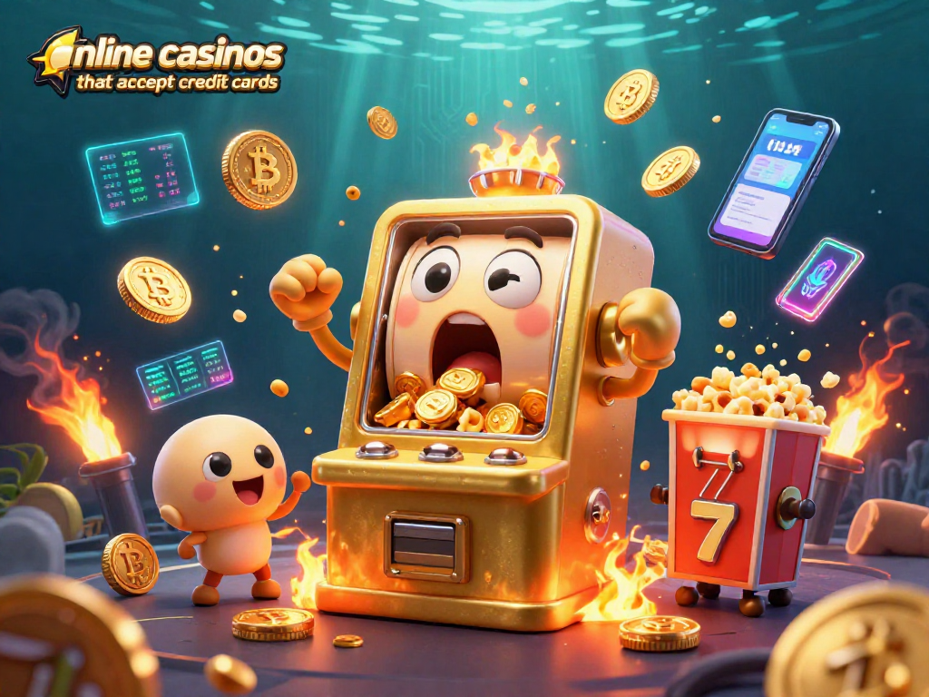 Experience excitement at online casinos that accept credit cards with a lively golden slot machine celebrating its jackpot.
