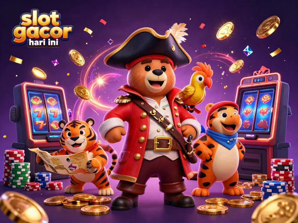 Gambarkan slot gacor hari ini dengan beruang kapten bajak laut dan harimau di tengah tumpukan koin emas