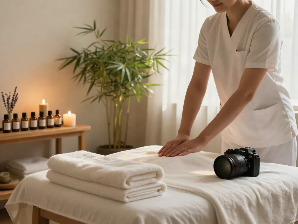 용인출장마사지 setup with calming decor, massage table, and essential oils.