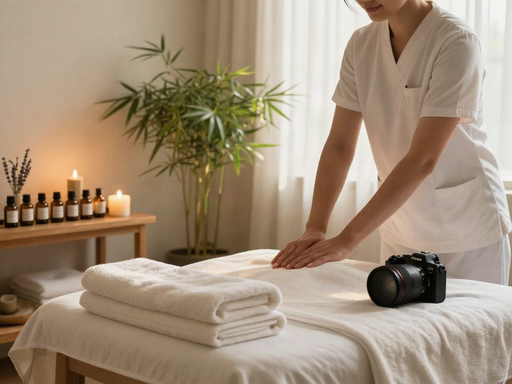 용인출장마사지 setup with calming decor, massage table, and essential oils.