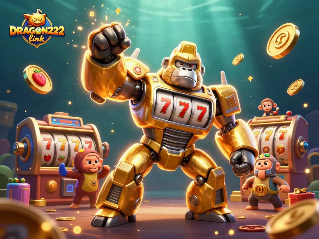 Spin to win with the DRAGON222 link in this dynamic casino illustration featuring a golden gorilla mech.