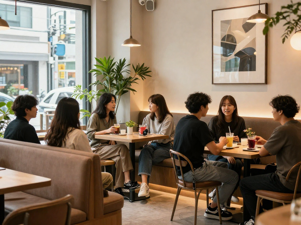 강남쩜오 멀리건의 우아한 카페 공간에서 친구들과 대화하며 음료를 즐기는 모습