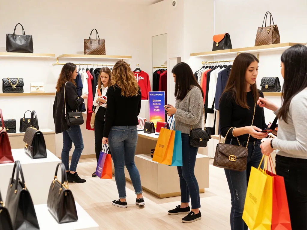 Shoppers exploring high-quality 레플리카 fashion items in a stylish boutique.