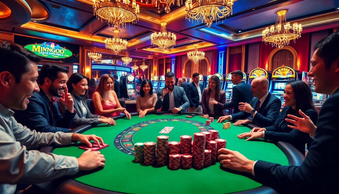 Players enjoy a thrilling game of MMOO at an exciting casino table full of poker chips.