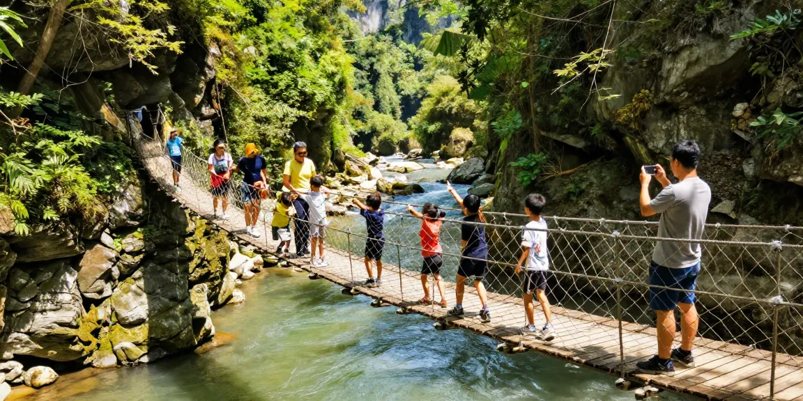 Exciting scene of a River Rope Bridge with families crossing it, showcasing nature and adventure.