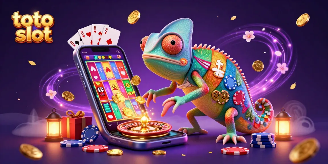 Experience the thrilling world of toto slot games with a vibrant chameleon casino owner, spinning reels, and golden coins!