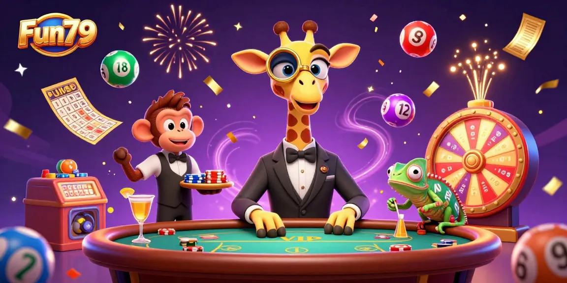 Experience the thrill of gaming with Fun79, featuring a vibrant casino illustration with dynamic elements.