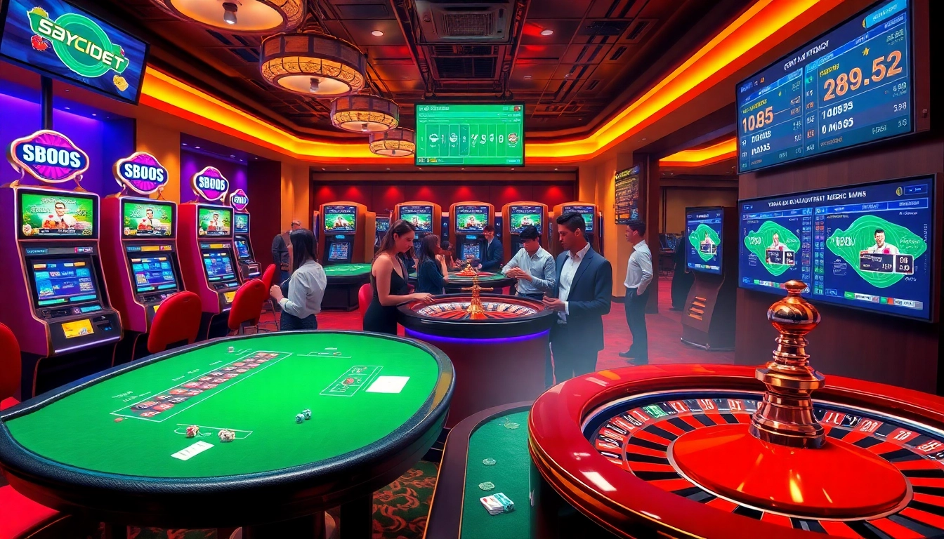 SBOBet's thrilling sports betting atmosphere with vibrant casino games and excited players.