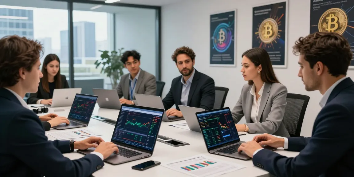 Team collaboration discussing trading strategies on XXKK Crypto Exchange platform.