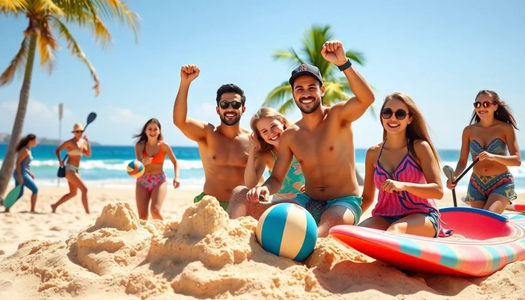Cabo family activities: Family engaging in beach volleyball and paddleboarding under the sun.