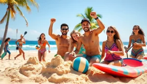 Cabo family activities: Family engaging in beach volleyball and paddleboarding under the sun.