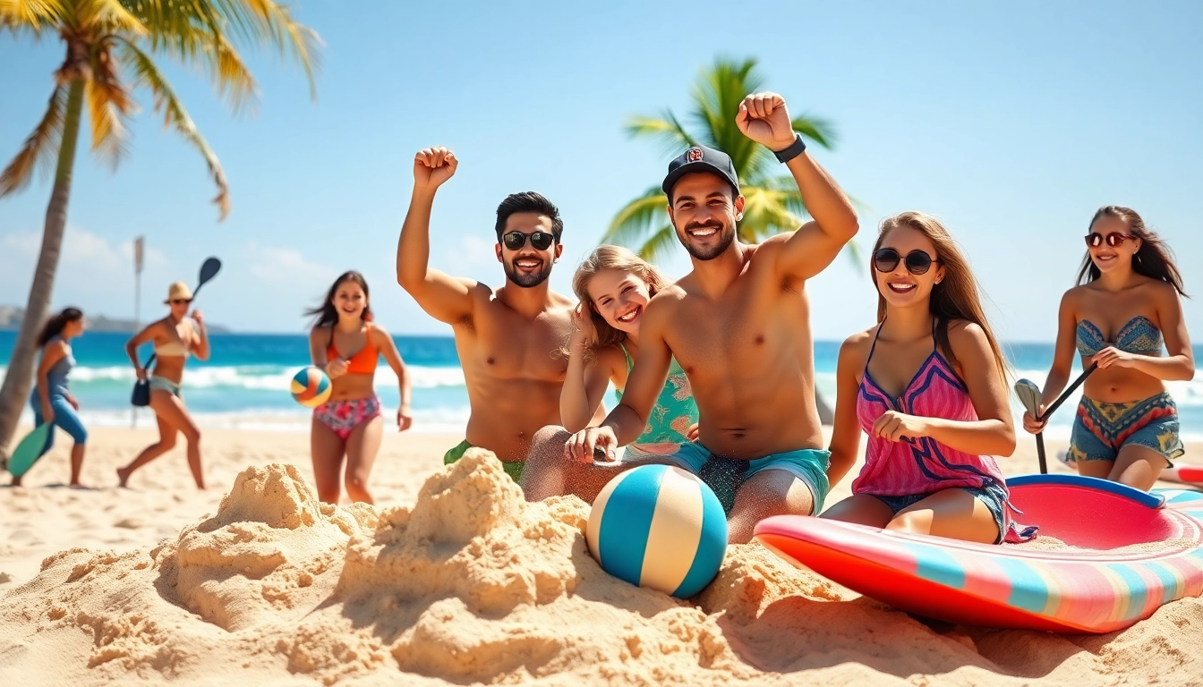 Cabo family activities: Family engaging in beach volleyball and paddleboarding under the sun.