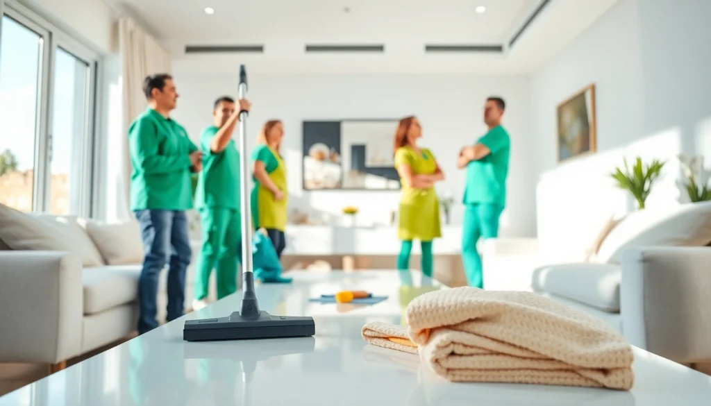 Expert cleaning service team efficiently organizing and cleaning a modern living space.