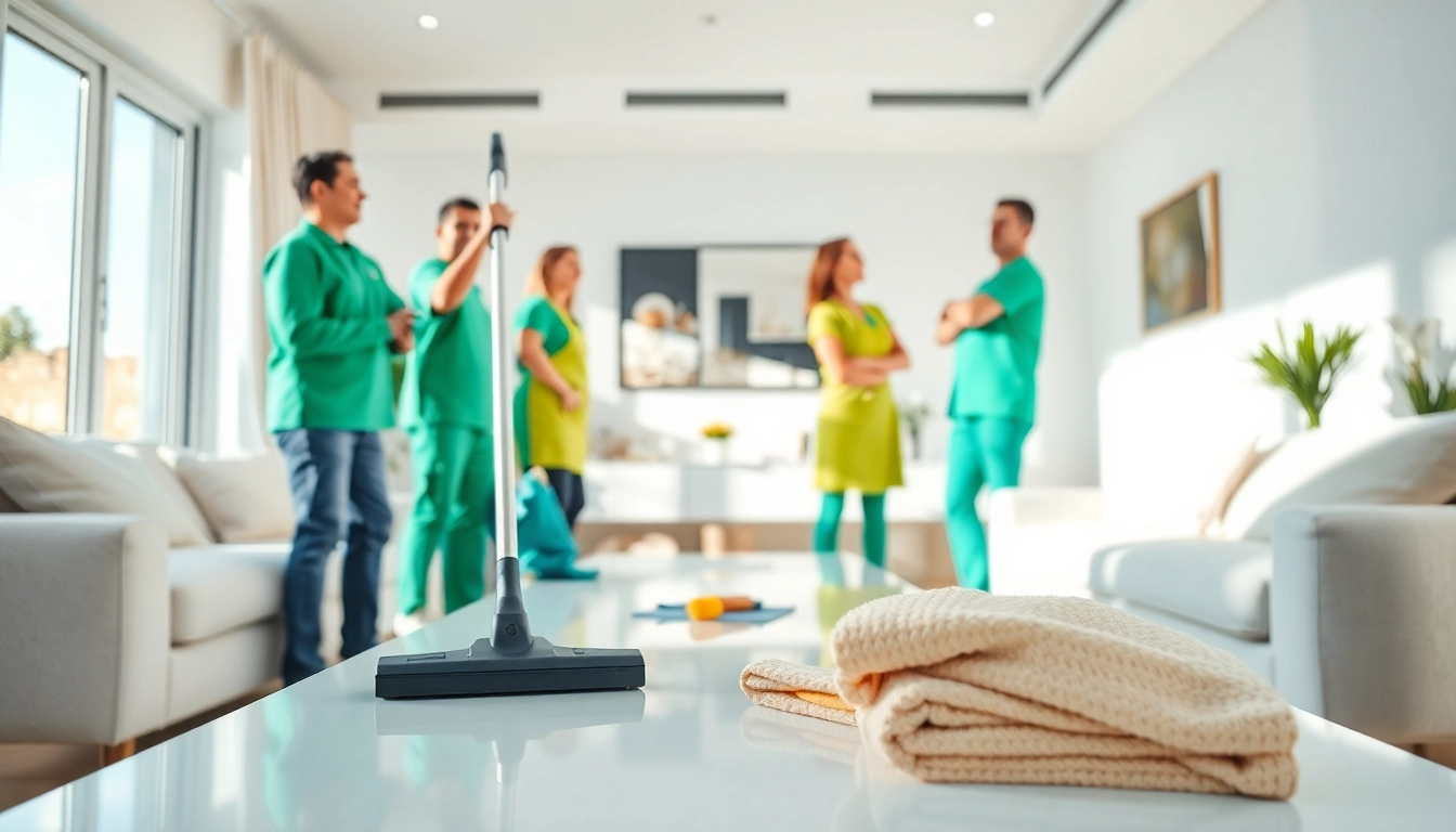 Expert cleaning service team efficiently organizing and cleaning a modern living space.