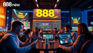 Dynamic 888new online gambling interface with diverse users enjoying various games.