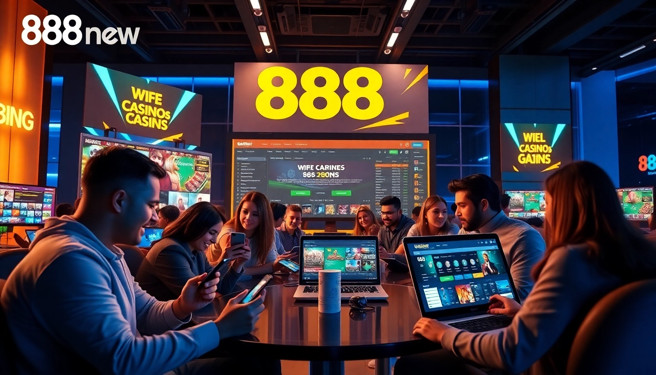 Dynamic 888new online gambling interface with diverse users enjoying various games.