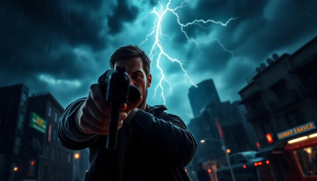 Action scene from Politics Thieves and Bullets featuring a determined hero amidst chaos.