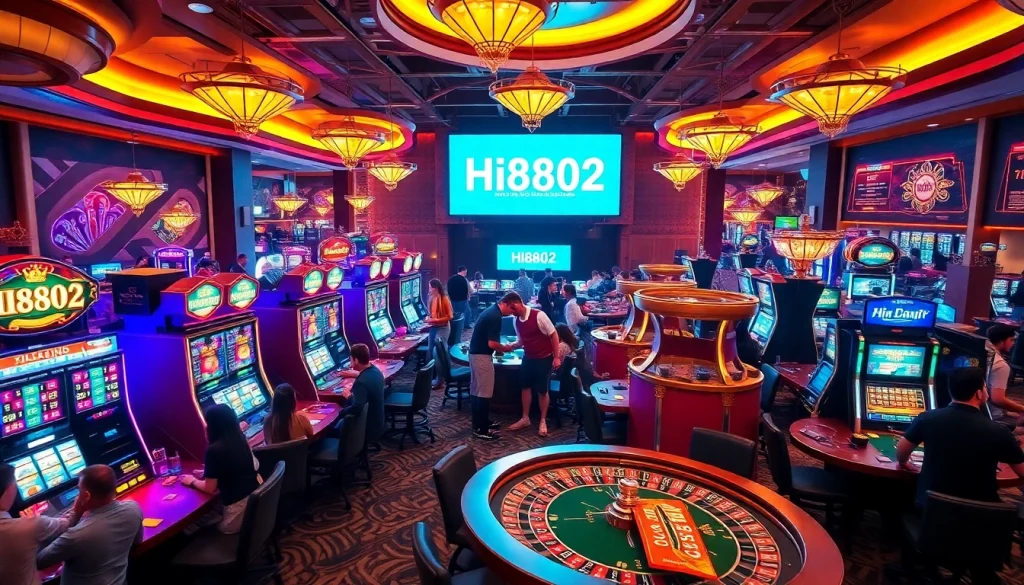 Experience the thrill of gambling at Hi8802's vibrant casino with players at slot machines and roulette tables.