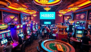 Experience the thrill of gambling at Hi8802's vibrant casino with players at slot machines and roulette tables.