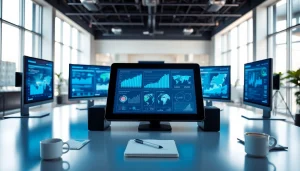 Showcasing Technology in a modern office workspace with multiple screens and interactive designs.