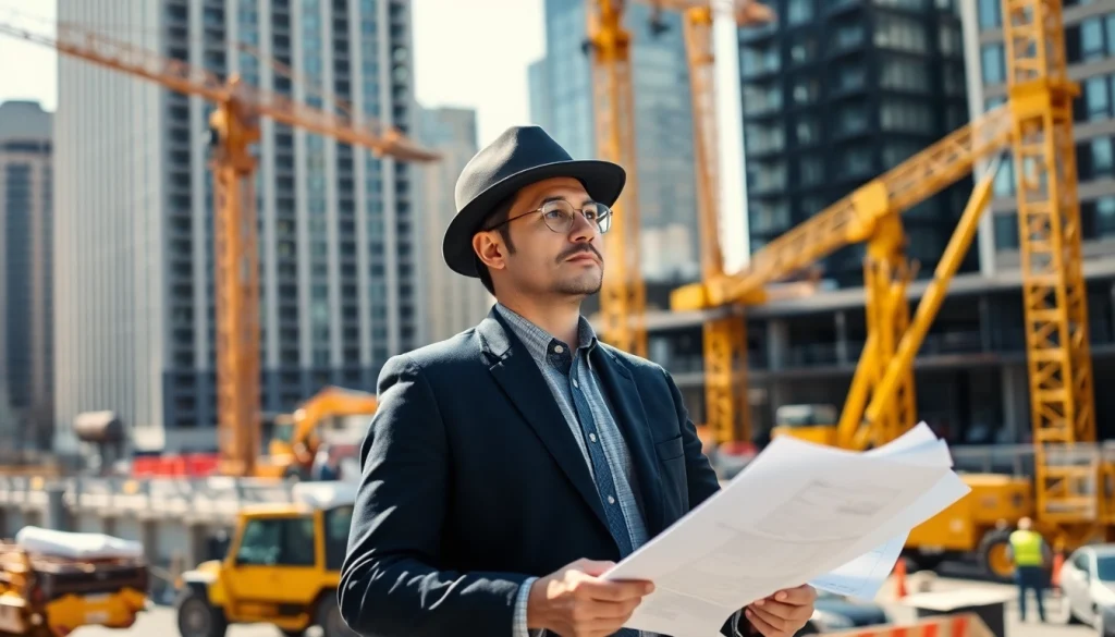 Manhattan Construction Manager overseeing a bustling construction site with workers and machinery.