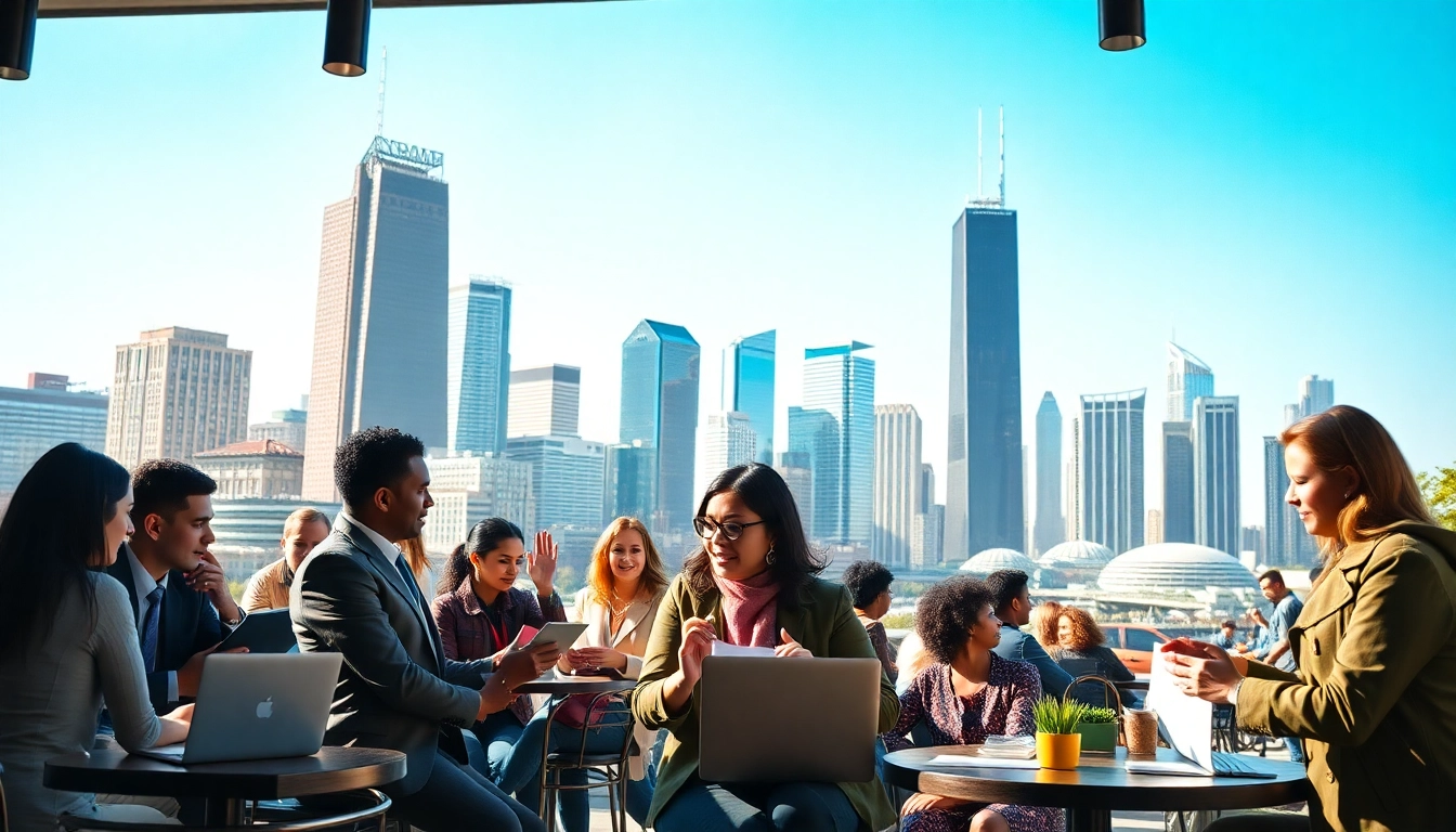 Engaging scene with job seekers utilizing free job post chicago opportunities against the Chicago skyline.