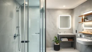 Miroir lumineux et cabine de douche moderne sur sirhona fr pour un design de salle de bain élégant.