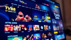 Engaging TV88 online gaming homepage interface showcasing vibrant casino games and sports betting options.