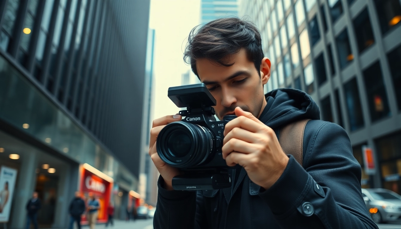 Fotografo Commerciale intento a catturare un'immagine professionale in un contesto urbano.