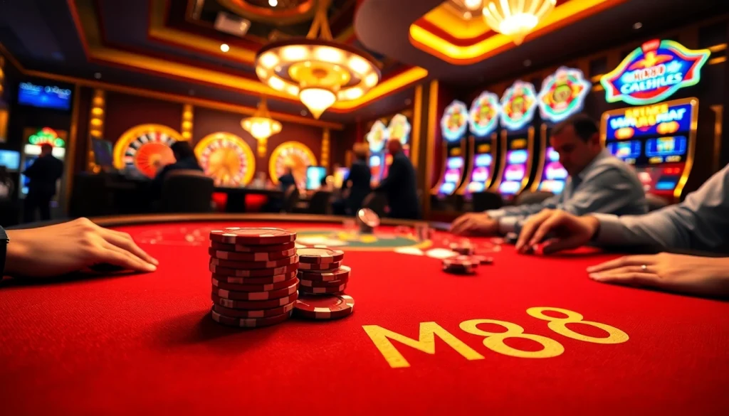 MM88 casino players engrossed in an intense poker game with vibrant chips and cards on the table.
