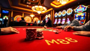 MM88 casino players engrossed in an intense poker game with vibrant chips and cards on the table.