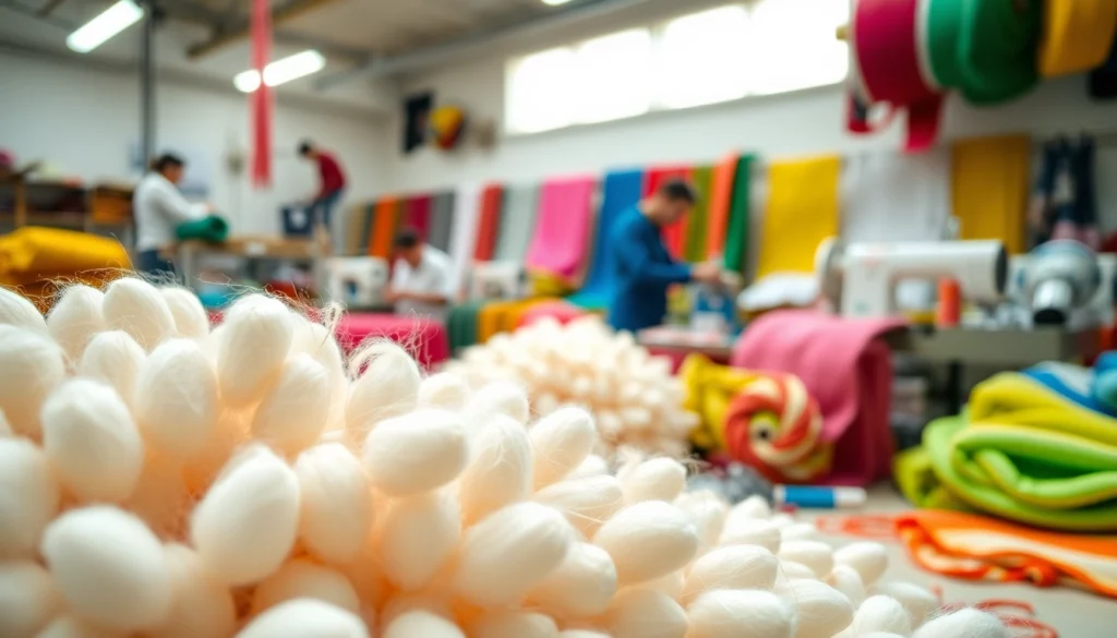 Katoen stoffen in een textielwerkplaats met diverse kleuren en texturen.