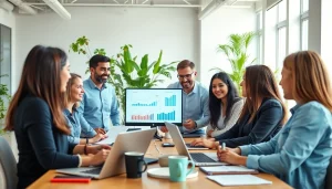 Engaged digital marketing team reviewing strategies together at https://uu88.how/ in a bright office.