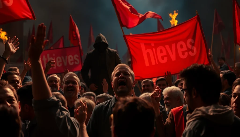 Engaging scene representing Politics Thieves and Bullets with passionate participants and lurking shadows.