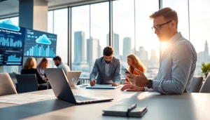 Integrating Cloud Migration Services through collaborative modern technology in a vibrant office.