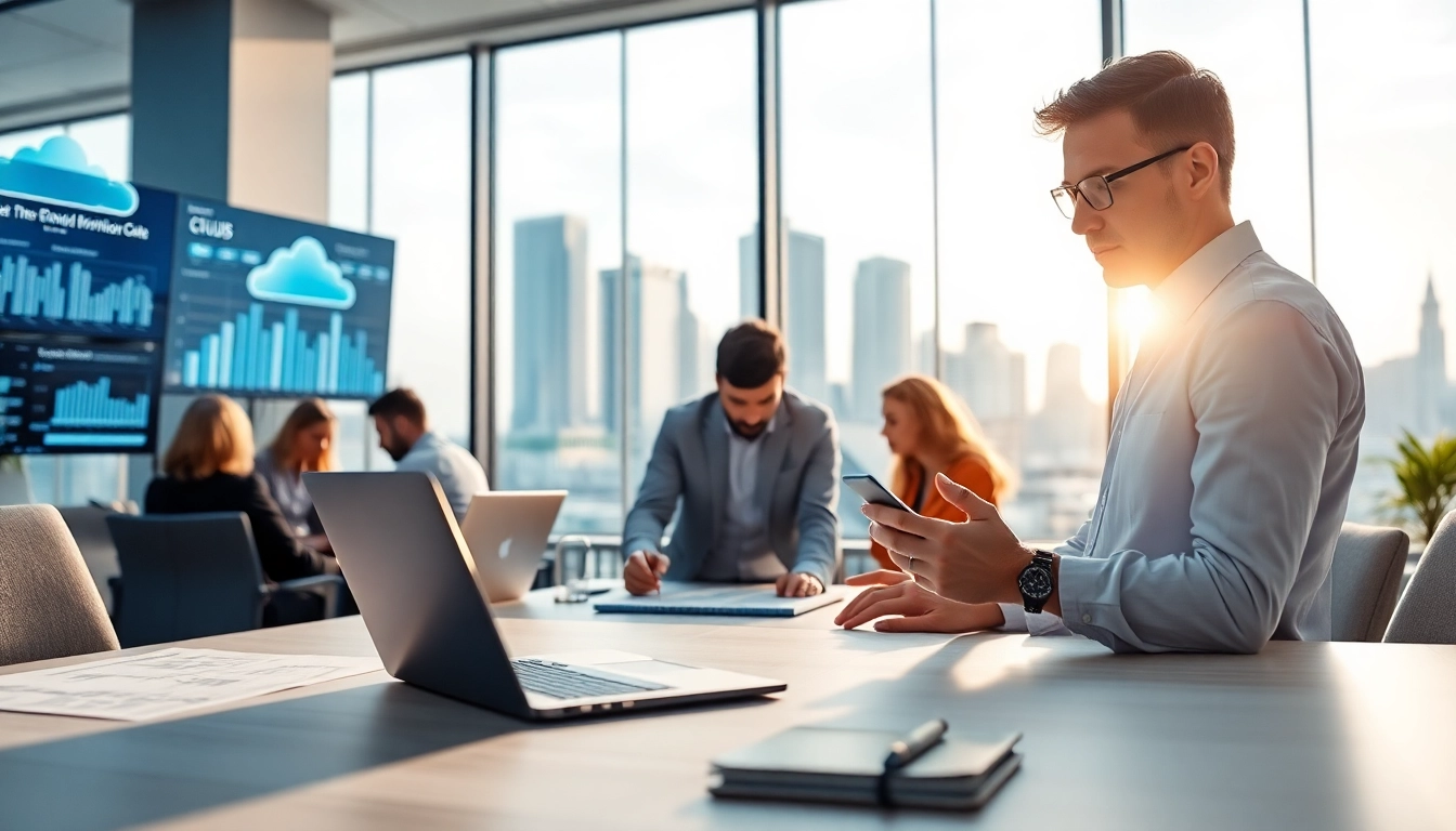 Integrating Cloud Migration Services through collaborative modern technology in a vibrant office.