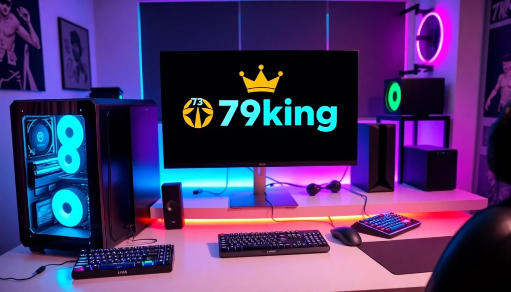 Engaging gaming setup featuring the 79king logo and vibrant RGB lighting.