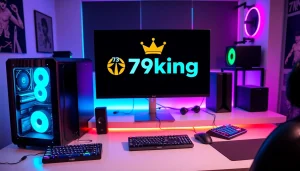 Engaging gaming setup featuring the 79king logo and vibrant RGB lighting.