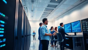 Best cloud mining setup showcasing professionals analyzing cryptocurrency data in a futuristic environment.