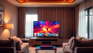 Stream high-quality content with iron IPTV in a cozy modern living room setup.