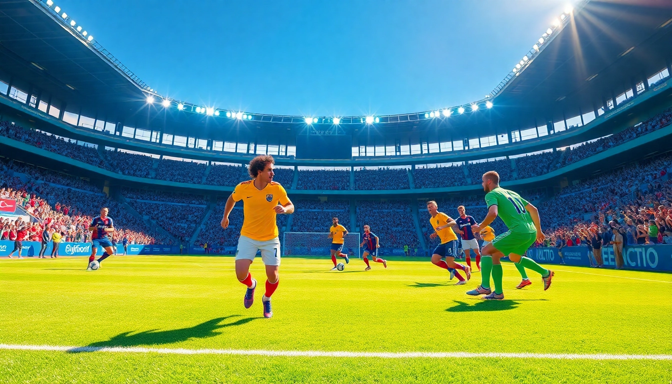 축구중계의 열기를 느끼는 관중과 선수들이 있는 경기장 풍경