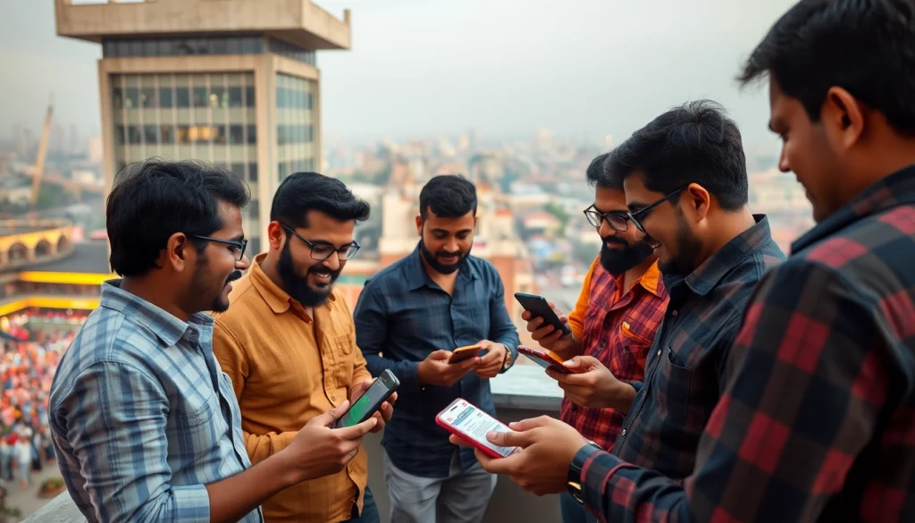 Engaged bettors discussing strategies on sports betting sites India with vibrant city view.