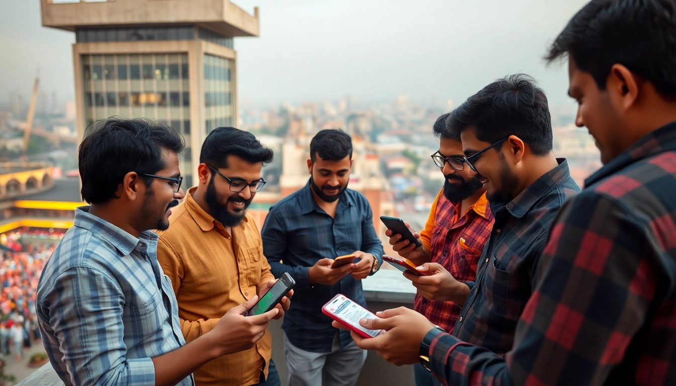 Engaged bettors discussing strategies on sports betting sites India with vibrant city view.