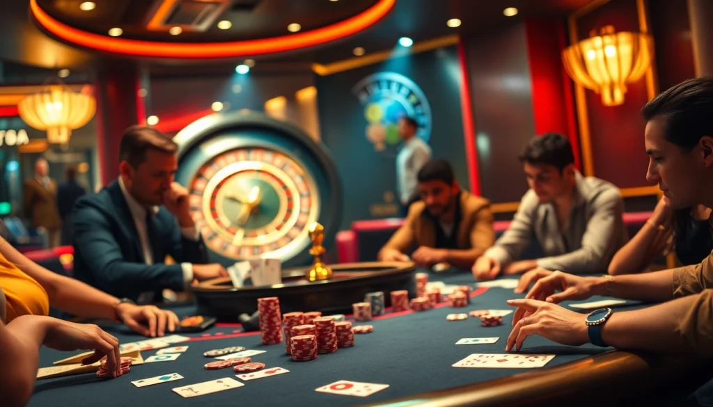KJC offers thrilling poker action with vibrant chips and focused players in a captivating casino ambiance.