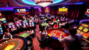 KJC AC 1 showcases the vibrant casino atmosphere with gaming tables and slot machines, displaying the excitement of online gambling.