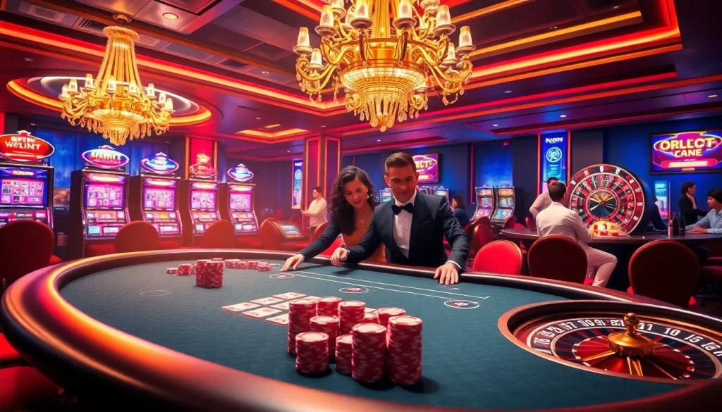 Players enjoying a thrilling game at lc88 casino, with poker chips, roulette wheel, and vibrant slot machines.