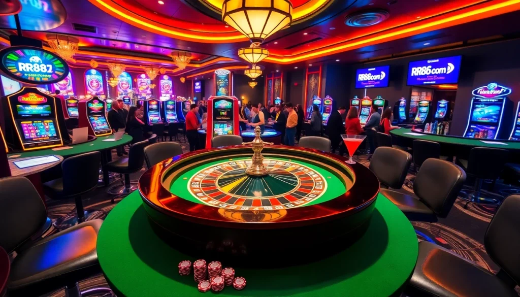 Engaging gamblers at rr88 com around a luxury roulette table featuring vibrant slot machines.