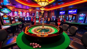 Engaging gamblers at rr88 com around a luxury roulette table featuring vibrant slot machines.