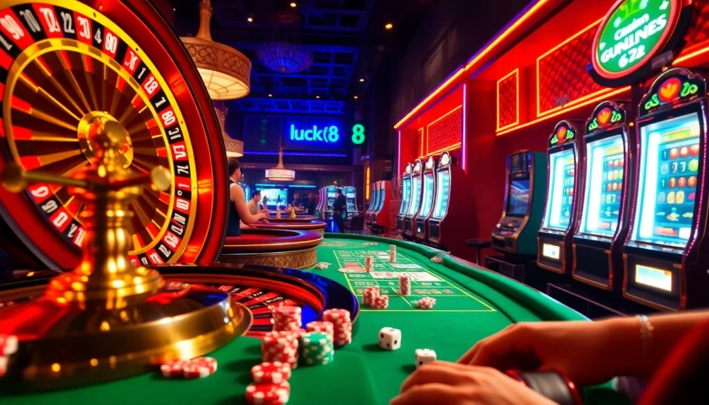 Experience the thrill of luck8 casino gaming with vibrant slot machines and poker tables.